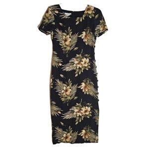 Maggy London Dress Womens 8 Silk Floral Midi Short Sleeve Button Slit Lined